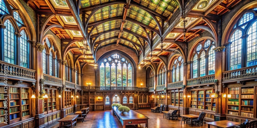 Obraz premium High ceiling with ornate wooden beams and stained glass windows in a grand reading room, arches, glass, arches, glass