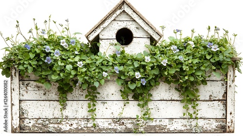 White Wooden Birdhouse with Flowers in a Planter