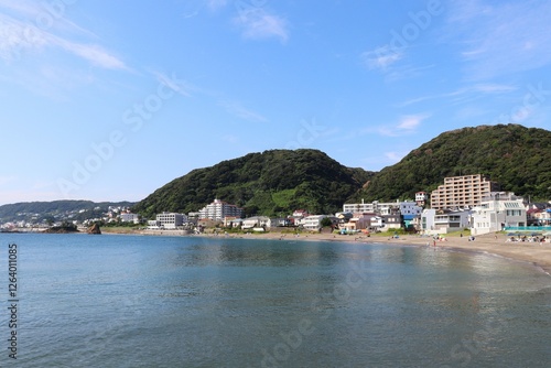 The serene and beautiful Akiya Beach, located near Hayama on the west coast of Miura Peninsula, Yokosuka, Japan. photo