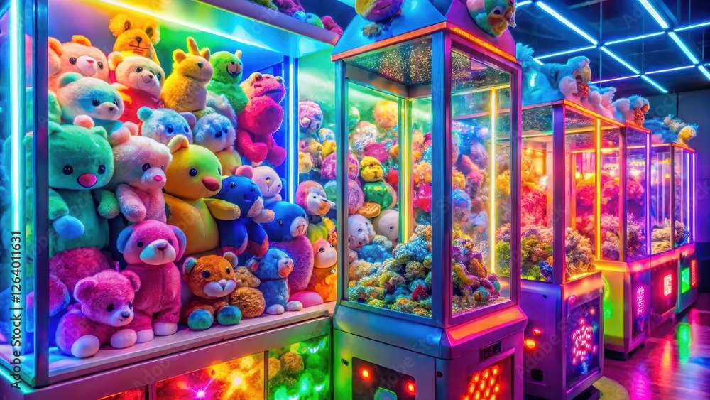 Fototapeta premium A colorful plush toy-filled arcade claw machine with bright lights and a large digital display, surrounded by nostalgic arcade games and classic video games, toys, gaming