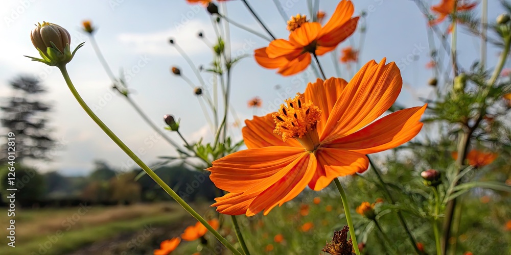 Obraz premium Stunning Tilt-Shift Photography of a Single Orange Cosmos Flower in Bloom, Capturing Nature's Beauty and Delicacy, Ideal for Floral Art, Gardens, and Nature Lovers
