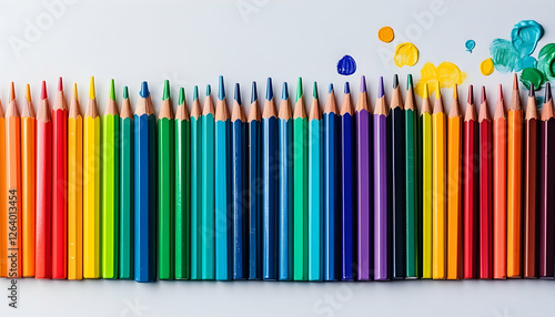 Vibrant colored pencils arranged in a row against a white background, with paint splatters.  Perfect for education, art, and creativity concepts.