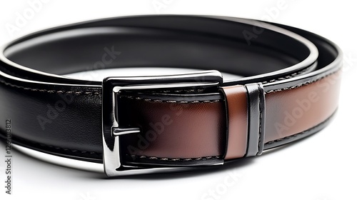 Brown and black leather belt on white background