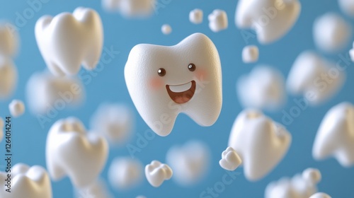 Cheerful Cartoon Tooth Character with Smiling Face and Blue Background
