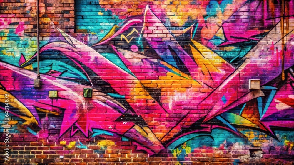 Vibrant graffiti artwork covering a worn and weathered brick wall with pink hues and abstract shapes, Urban Art, Graffiti Painting Vibrant graffiti artwork covering a worn and weathered brick wall with pink hues and abstract shapes, Urban Art, Graffiti Painting
