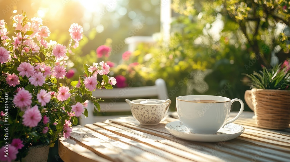 Teapot and teacup on table with coffee and flowers in garden setting outdoors Teapot and teacup on table with coffee and flowers in garden setting outdoors
