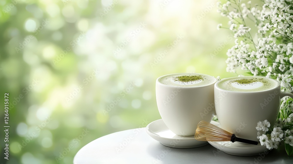 Two cups of coffee and two matcha lattes on a wooden table with matcha powder nearby Two cups of coffee and two matcha lattes on a wooden table with matcha powder nearby