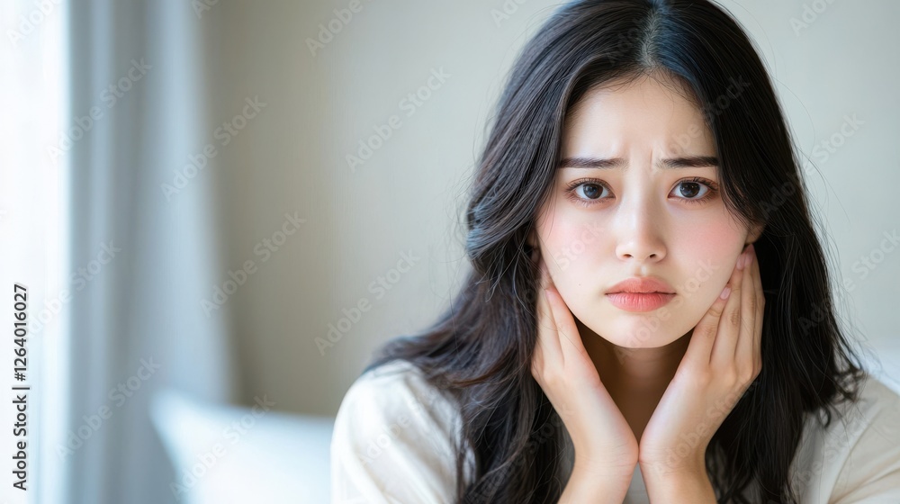 Concerned young woman sitting on her bed with a thoughtful pensive expression wincing slightly as she appears to be deep in thought or experiencing some worry or stress Concerned young woman sitting on her bed with a thoughtful pensive expression wincing slightly as she appears to be deep in thought or experiencing some worry or stress