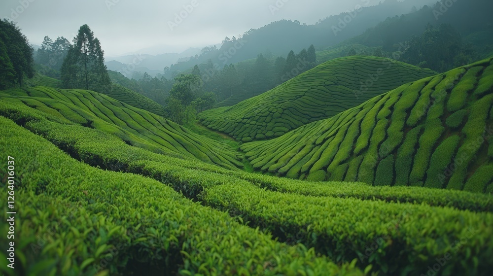 Green tea plantation in cameron highlands with rows of terraced tea plants in natural landscape Green tea plantation in cameron highlands with rows of terraced tea plants in natural landscape