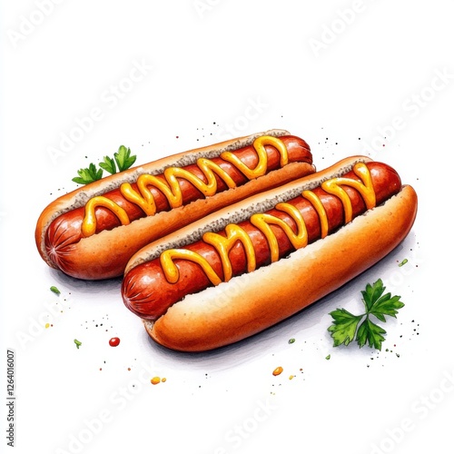 Delicious All-American Hot Dogs with Mustard Garnished with Green Parsley on a White Background