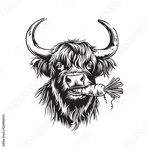 Vector of highland cow portrait holding a carrot, monochrome illustration. Quirky, long hair, prominent horns, humorous, unique. Farm animal.