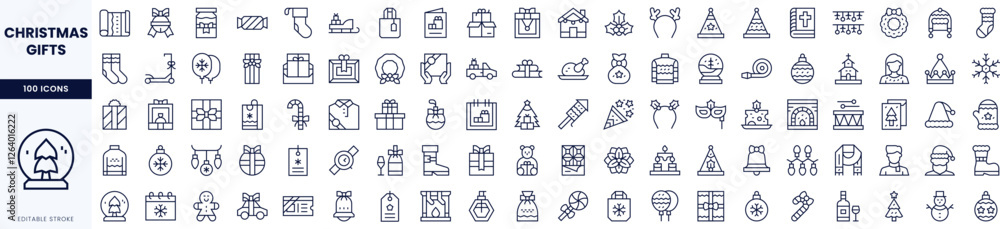 A collection of festive outline icons representing Christmas gifts and decorations, in a colorful arrangement. A collection of festive outline icons representing Christmas gifts and decorations, in a colorful arrangement.