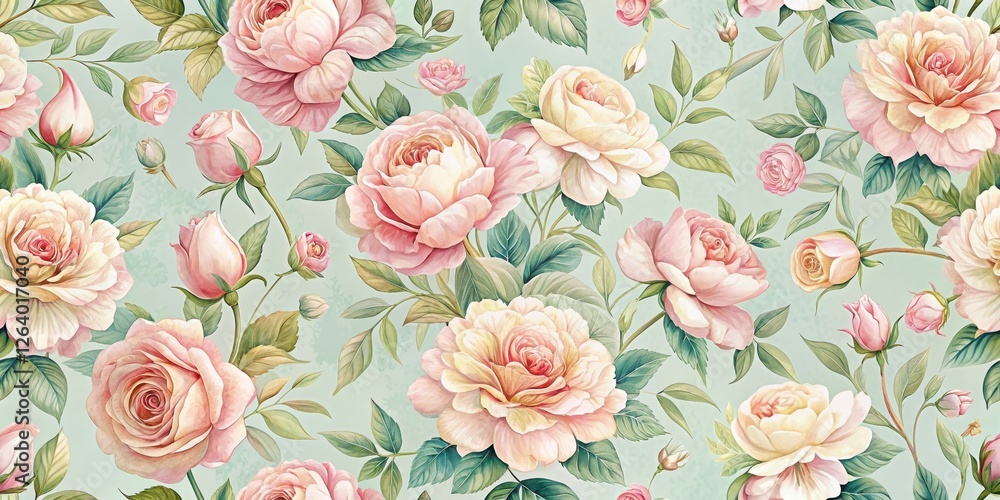 Fototapeta Delicate seamless floral pattern featuring English rose in pastel colors, gentle hues