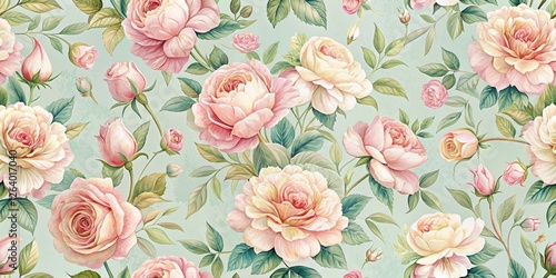 Delicate seamless floral pattern featuring English rose in pastel colors, gentle hues