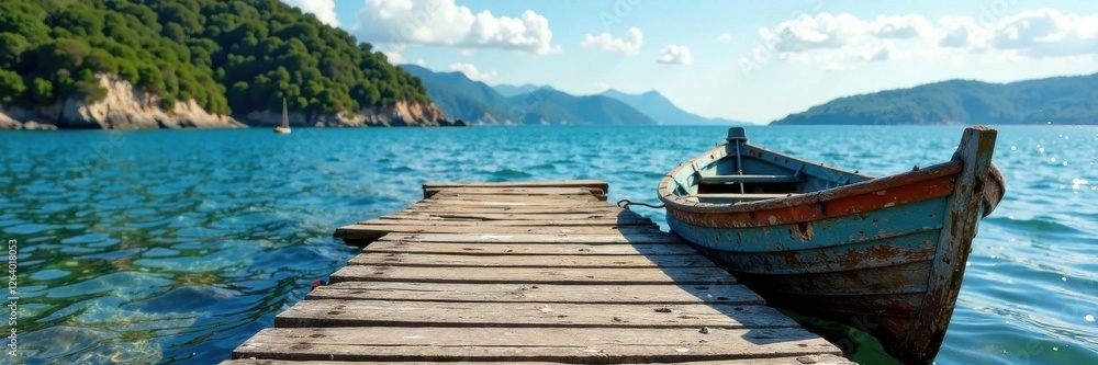 Obraz premium Weathered wooden fishing boat dock, driftwood, sailboat