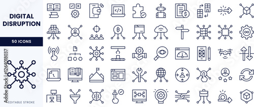 A comprehensive set of line icons representing digital disruption and technological advancement.