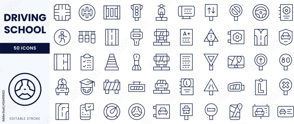 Set of editable stroke icons representing various driving school concepts and traffic signs. Set of editable stroke icons representing various driving school concepts and traffic signs.