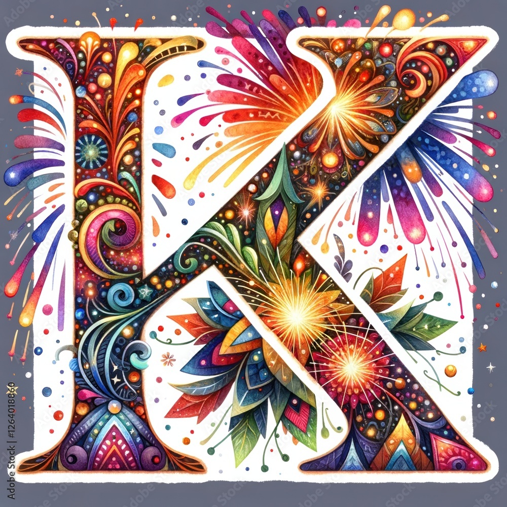 Fototapeta premium Fireworks Letter K: A vibrant and festive letter K, intricately designed with exploding fireworks, swirling floral patterns, and dazzling colors.