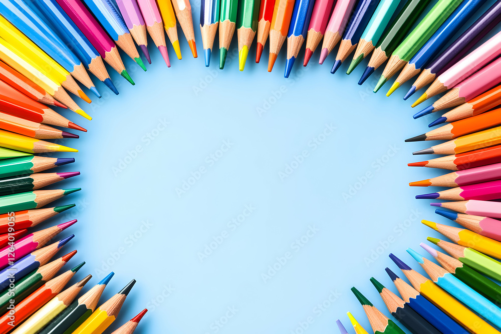 Fototapeta premium Vibrant colored pencils arranged in a heart shape on a light blue background, leaving ample space for text or design elements. Perfect for educational, creative, or artistic projects.