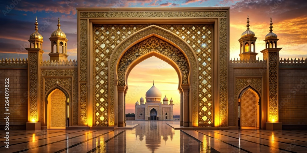 custom made wallpaper toronto digitalGolden luxury gate of a mosque illuminated at dusk during Ramadan celebration with intricate architecture and ornate details , ramadan, architectural beauty