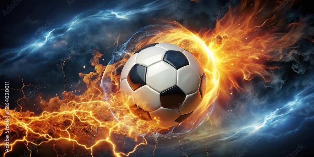Naklejka premium Soccer ball engulfed in flames with lightning illuminating the night sky, lightning, electrifying, lightning