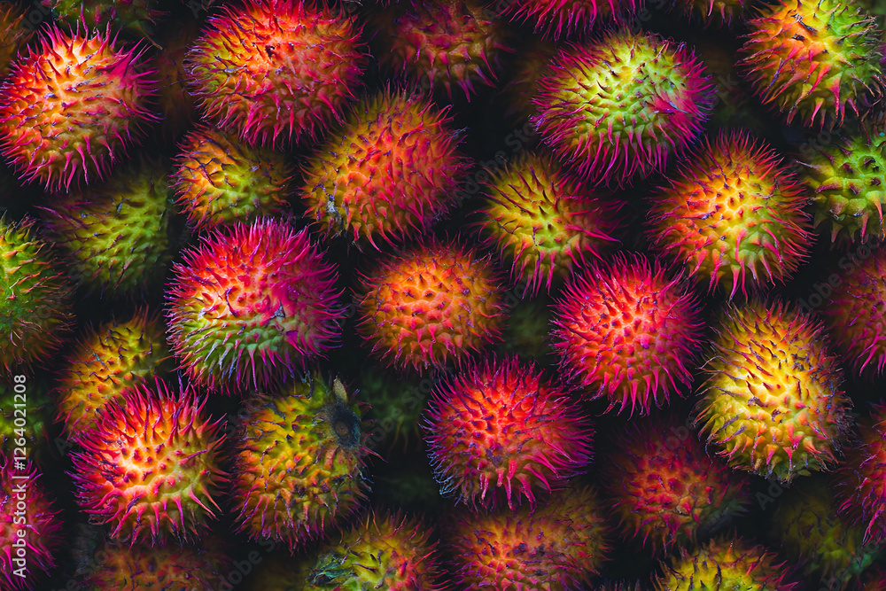 Luscious Cluster of Exotic, Ripe Rambutan Fruits with Vivid Red and Green Hairy Skins in Focus Luscious Cluster of Exotic, Ripe Rambutan Fruits with Vivid Red and Green Hairy Skins in Focus