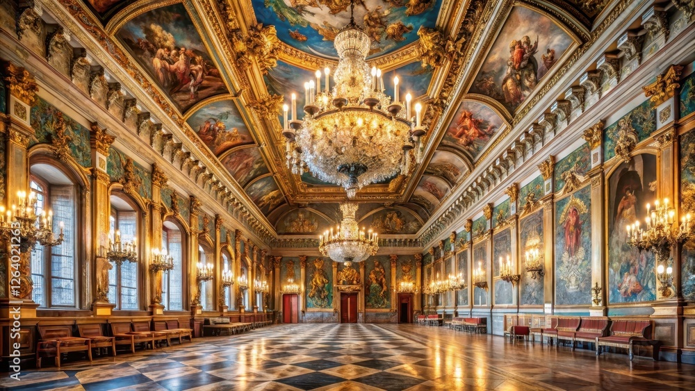 Obraz premium Grand hall with high ceiling and ornate chandeliers, majestic throne room