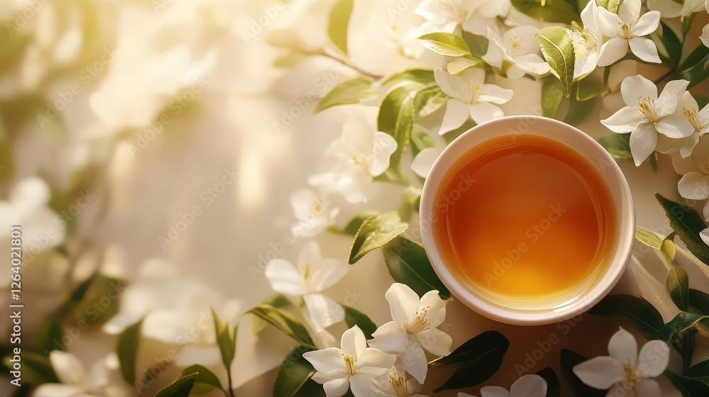 Cup of jasmine tea with white flower branch on wooden table with copy space for text Cup of jasmine tea with white flower branch on wooden table with copy space for text