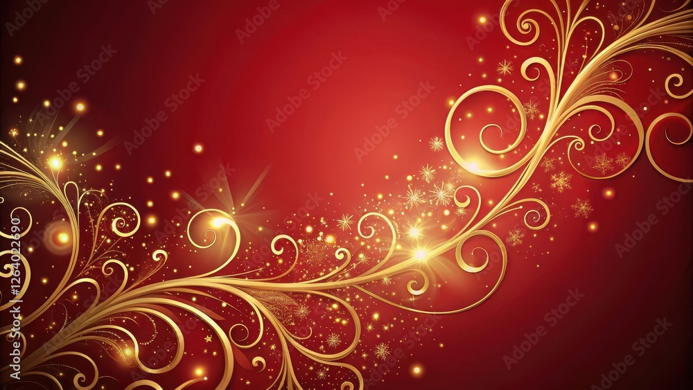 Elegant gold swirls on red background with subtle sparkle effect, aesthetics, decorative, aesthetics Elegant gold swirls on red background with subtle sparkle effect, aesthetics, decorative, aesthetics