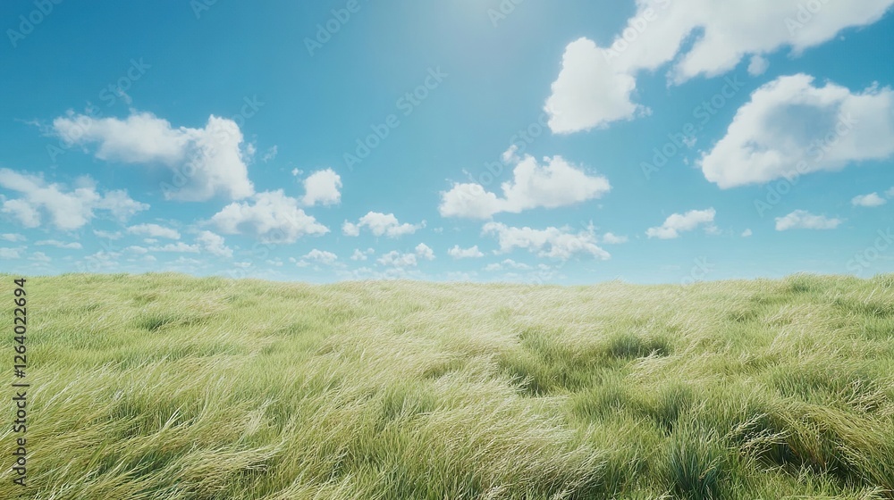 Obraz premium Sunny day, rolling green hills, windswept grass, blue sky, peaceful landscape, ideal for nature backgrounds
