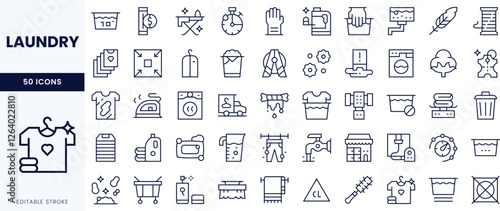 A comprehensive set of laundry-related icons in a clean, minimalist style, perfect for any design project.