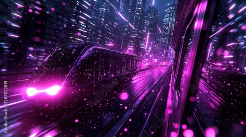 Futuristic City Train Night Ride Purple Lights