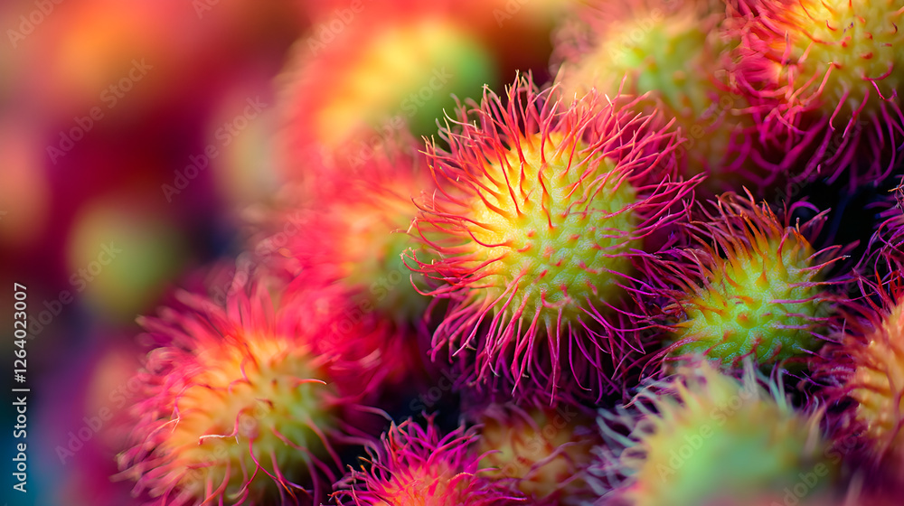 Luscious Cluster of Exotic, Ripe Rambutan Fruits with Vivid Red and Green Hairy Skins in Focus Luscious Cluster of Exotic, Ripe Rambutan Fruits with Vivid Red and Green Hairy Skins in Focus
