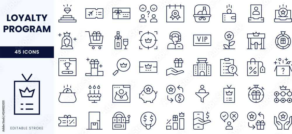 A collection of minimalist line icons representing a loyalty program, featuring rewards, shopping, and membership themes. A collection of minimalist line icons representing a loyalty program, featuring rewards, shopping, and membership themes.