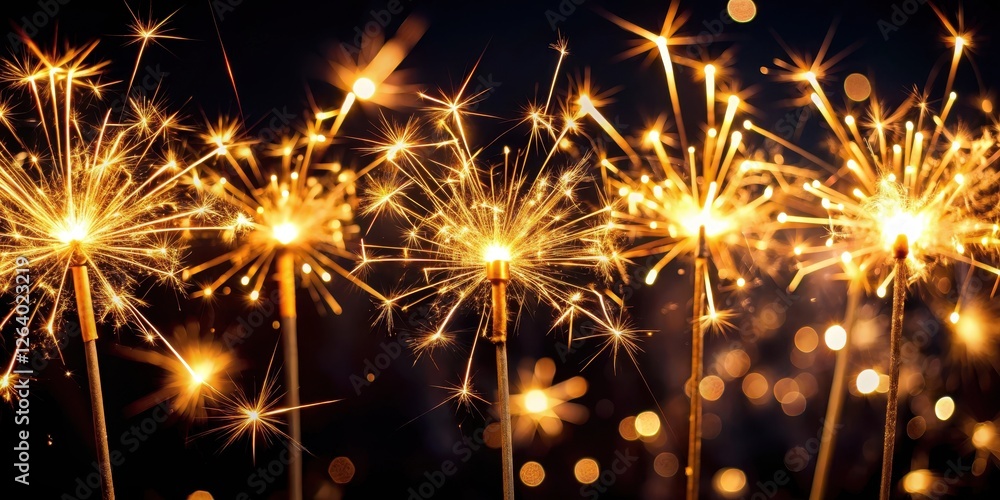 Obraz premium Glittering sparklers on black backdrop at outdoor celebration, evening glow