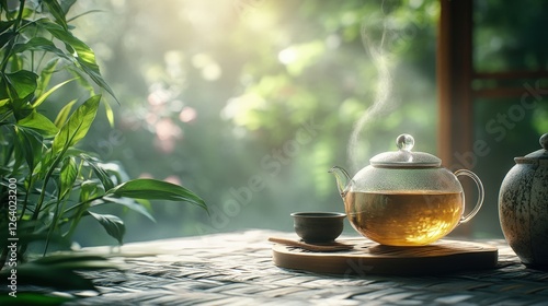 Tea pot and tea cup on a table with green tea and space for text in realistic photography
