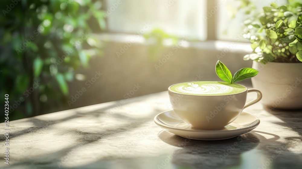 Cup of green tea and matcha latte on a granite kitchen counter with natural lighting Cup of green tea and matcha latte on a granite kitchen counter with natural lighting