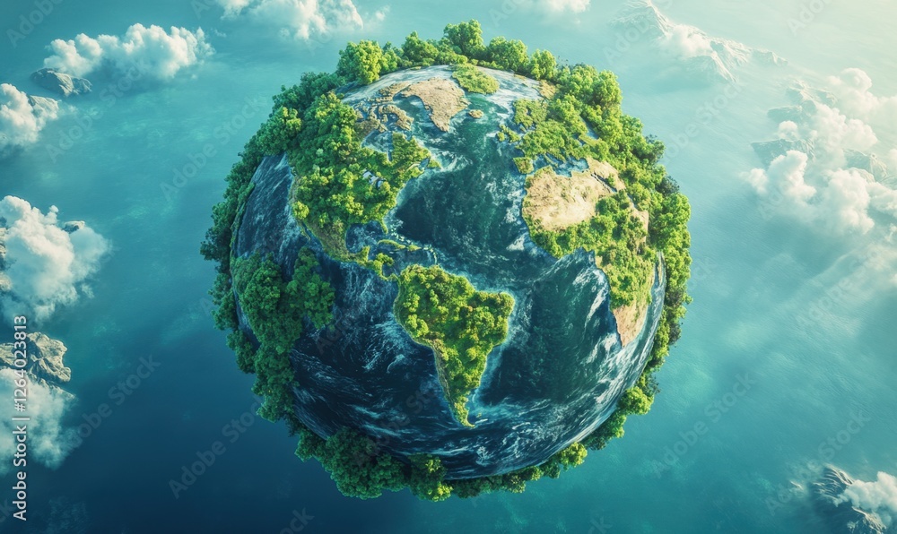 Fototapeta premium Lush green Earth, floating above clouds, environmental conservation concept, for eco-friendly campaigns
