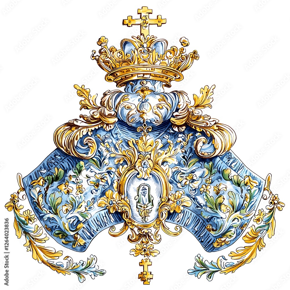 Fototapeta premium Baroque Crown and Fleur-de-lis Design Blue and Gold Watercolor Illustration.