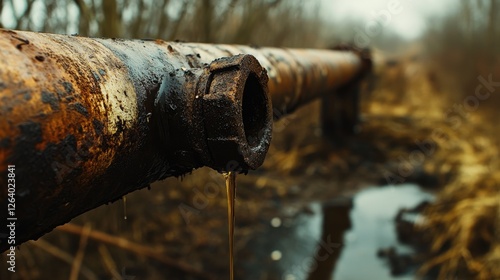 A detailed shot of a rusted pipe dripping oil, emphasizing the industrial decay and environmental issues surrounding oil extraction and pipeline infrastructure.