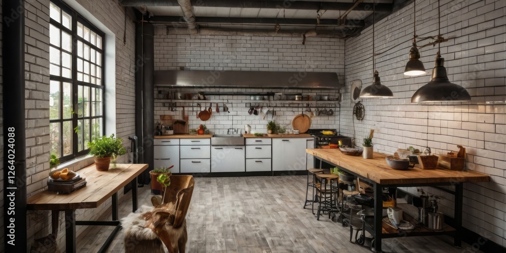 Rustic Industrial Kitchen Design With Island And Large Window Rustic Industrial Kitchen Design With Island And Large Window
