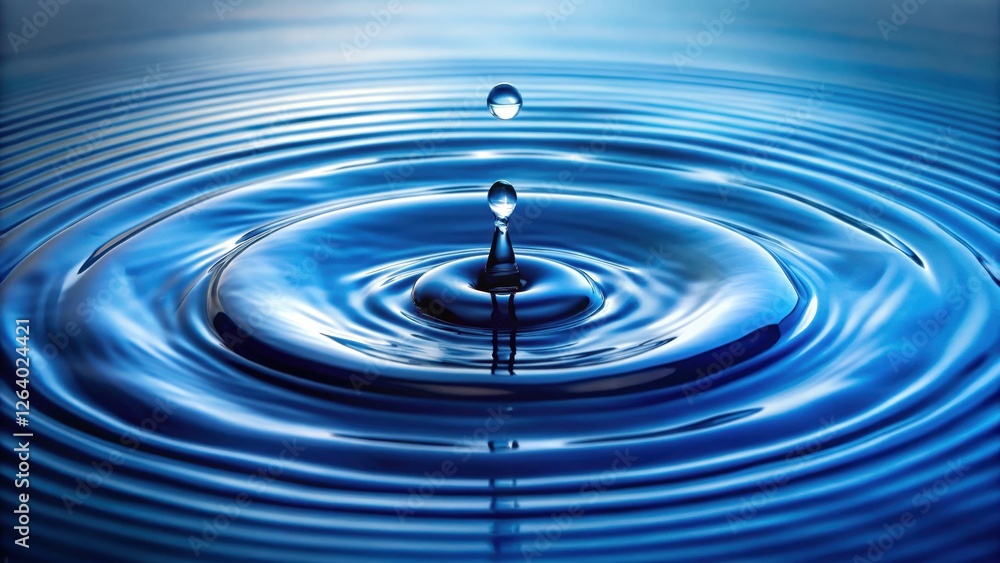 Water droplet falls onto calm lake surface creating concentric circular ripples on blue water , circular motion, splash effect Water droplet falls onto calm lake surface creating concentric circular ripples on blue water , circular motion, splash effect