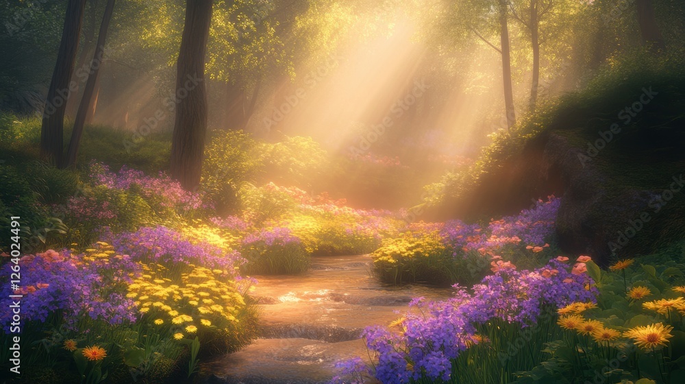 Obraz premium Beautiful colorful wild flowers in deep foggy forest with sun light in Spring.