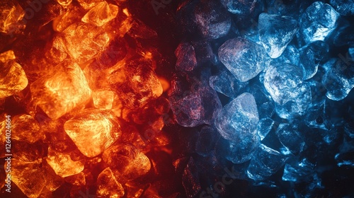 Close up of dynamic contrast between fire and ice showcasing vibrant colors and textures