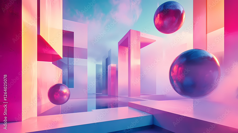 Surreal architectural dreamscape with abstract geometric forms and mystic floating spheres in vivid hues. Architectural Paradoxes. Illustration Surreal architectural dreamscape with abstract geometric forms and mystic floating spheres in vivid hues. Architectural Paradoxes. Illustration