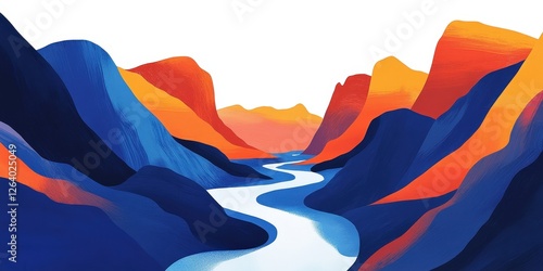 A vibrant river winds through majestic mountains, its blue and white currents dancing around peaks cloaked in azure hues, creating a serene yet dynamic landscape scene photo