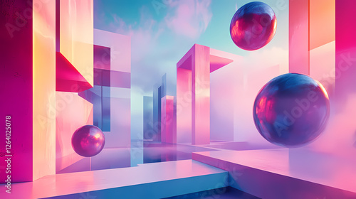 Surreal architectural dreamscape with abstract geometric forms and mystic floating spheres in vivid hues. Architectural Paradoxes. Illustration