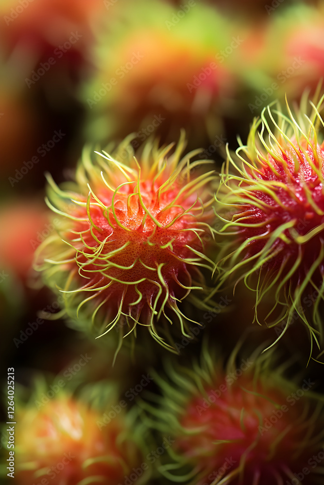 Luscious Cluster of Exotic, Ripe Rambutan Fruits with Vivid Red and Green Hairy Skins in Focus Luscious Cluster of Exotic, Ripe Rambutan Fruits with Vivid Red and Green Hairy Skins in Focus
