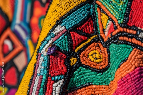 Close up of a South African beadwork fabric showcasing the intricate designs and vibrant colors 