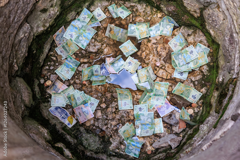 Fototapeta premium Scattered currency notes in a water-filled stone well